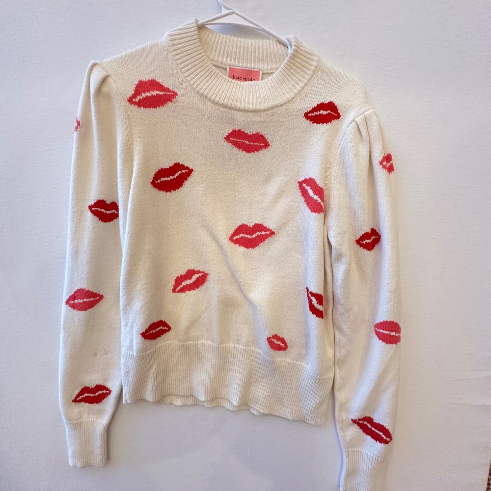 Kate Spade New York Lips Print Puff Shoulder Sweater Cream Red Pink Large